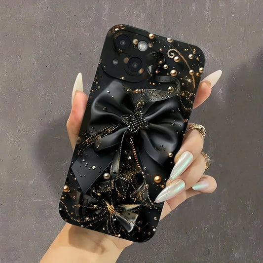 **Coque Nœud Noir & Perles – iPhone 16 à SE 2022** 🎀✨