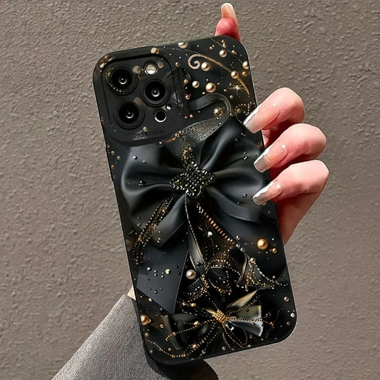 **Coque Nœud Noir & Perles – iPhone 16 à SE 2022** 🎀✨