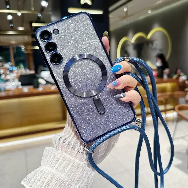 **Coque Crossbody Pailletée – Galaxy S21 à S25 Edge** ✨📱