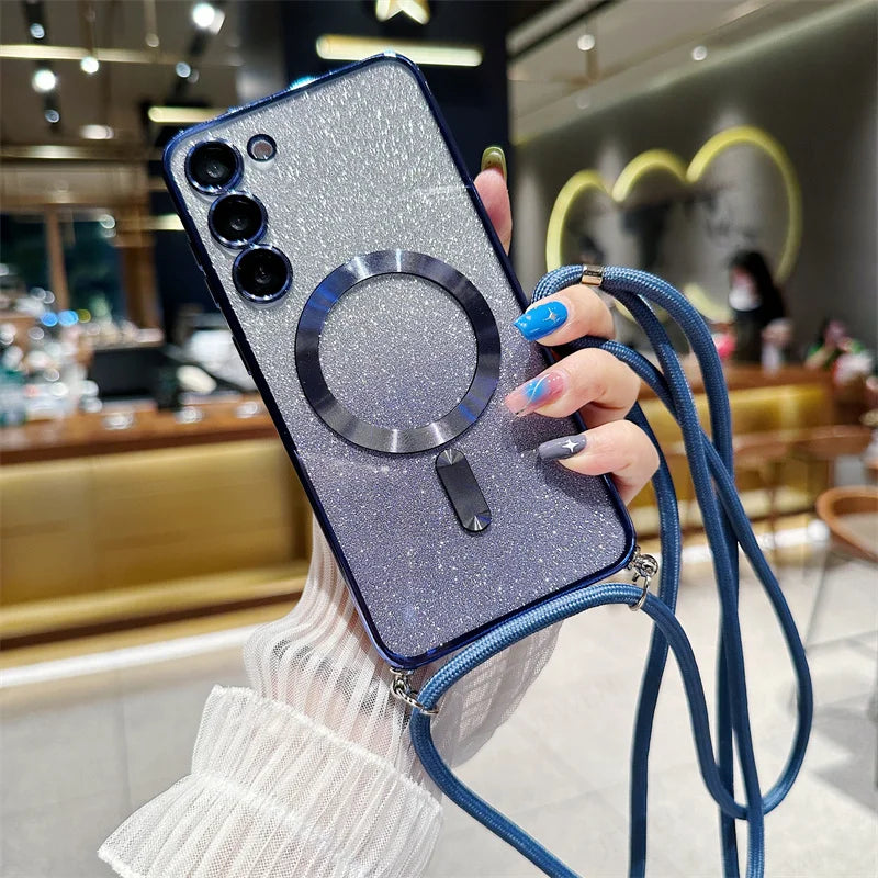 **Coque Crossbody Pailletée – Galaxy S21 à S25 Edge** ✨📱