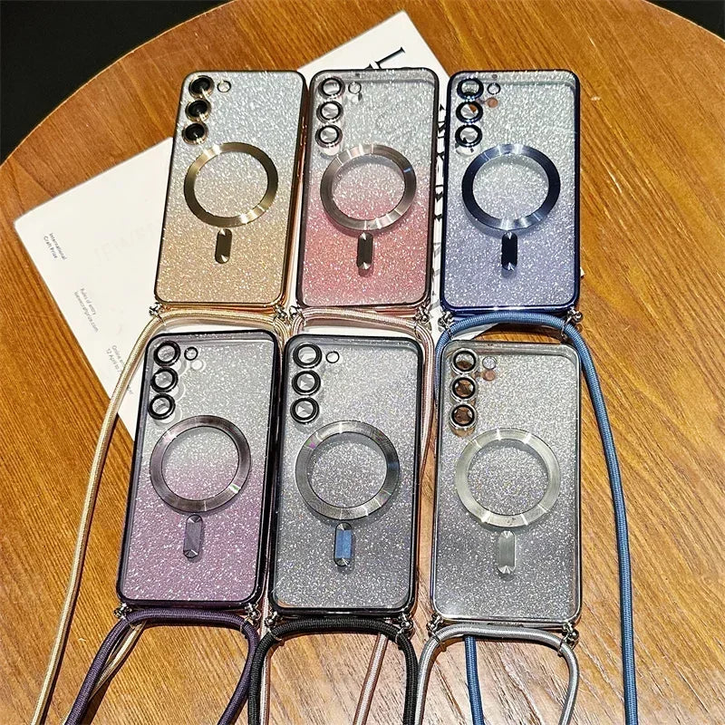 **Coque Crossbody Pailletée – Galaxy S21 à S25 Edge** ✨📱