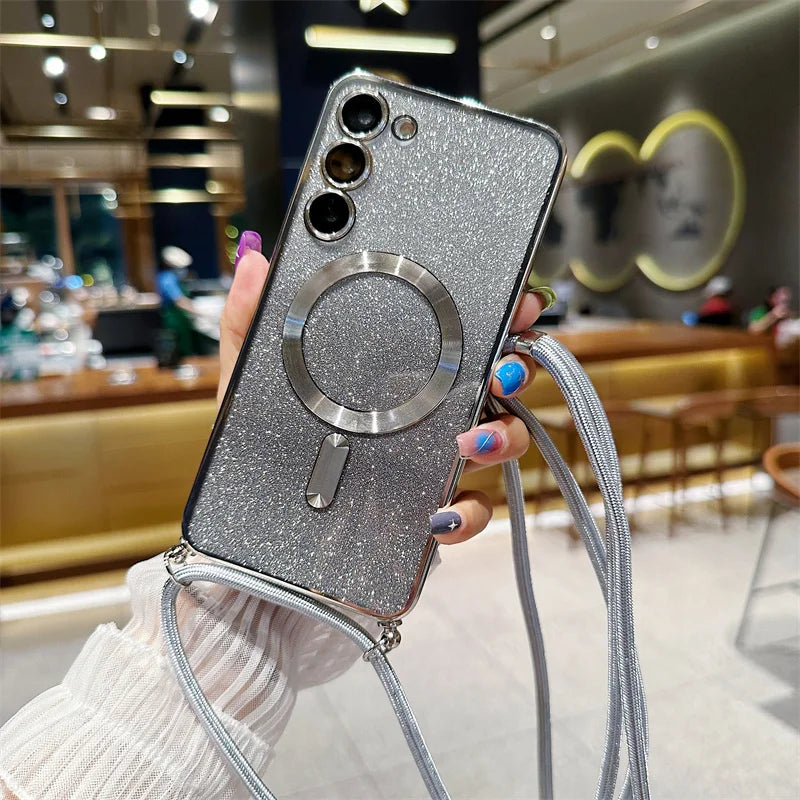 **Coque Crossbody Pailletée – Galaxy S21 à S25 Edge** ✨📱