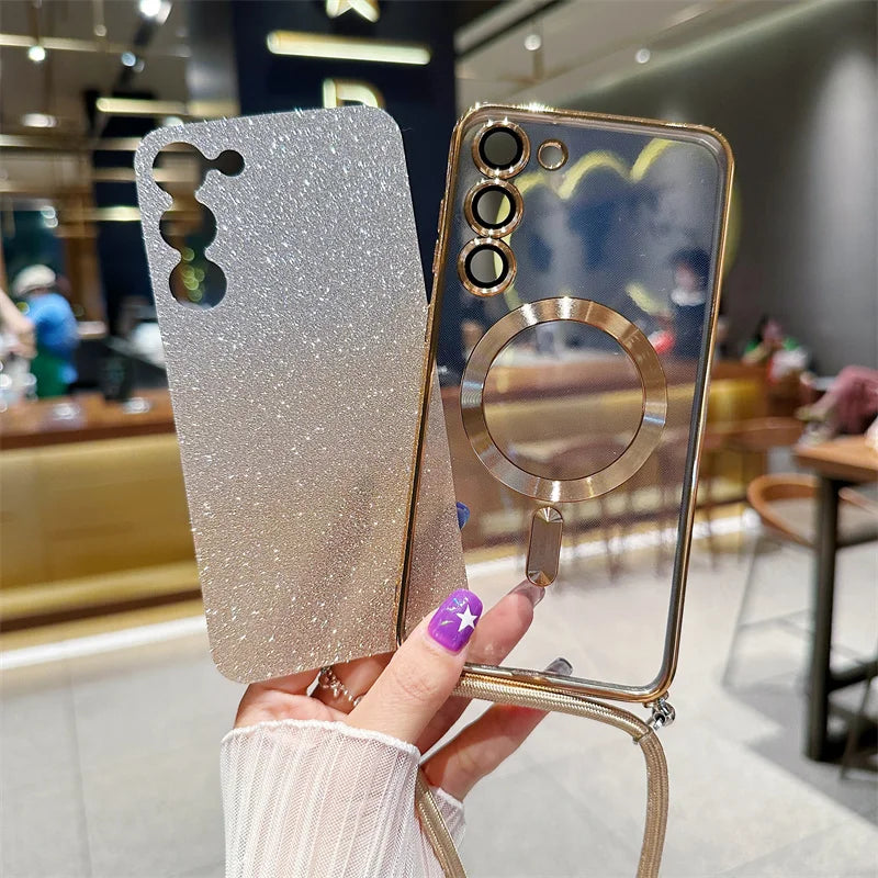 **Coque Crossbody Pailletée – Galaxy S21 à S25 Edge** ✨📱