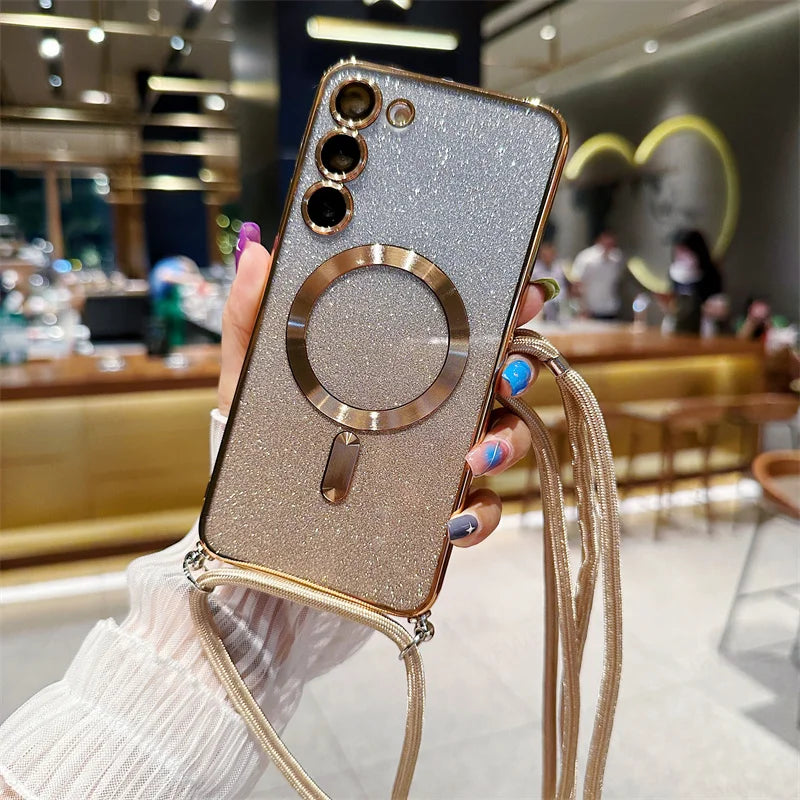 **Coque Crossbody Pailletée – Galaxy S21 à S25 Edge** ✨📱