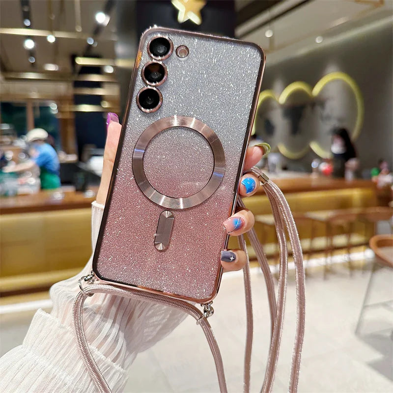 **Coque Crossbody Pailletée – Galaxy S21 à S25 Edge** ✨📱