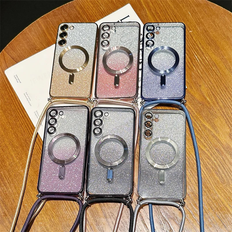 **Coque Crossbody Pailletée – Galaxy S21 à S25 Edge** ✨📱