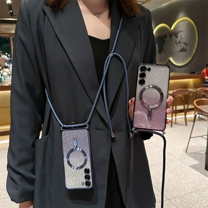 **Coque Crossbody Pailletée – Galaxy S21 à S25 Edge** ✨📱