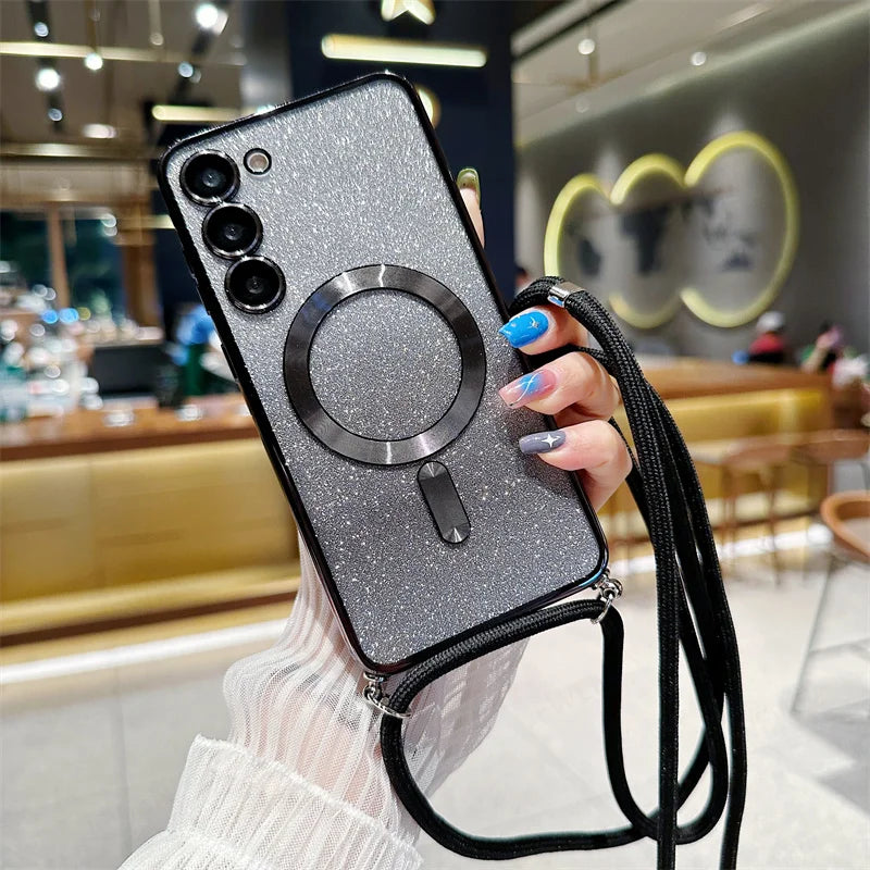 **Coque Crossbody Pailletée – Galaxy S21 à S25 Edge** ✨📱