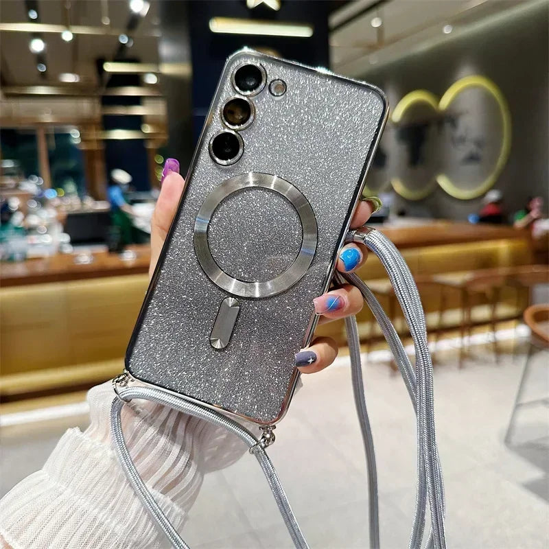 **Coque Crossbody Pailletée – Galaxy S21 à S25 Edge** ✨📱