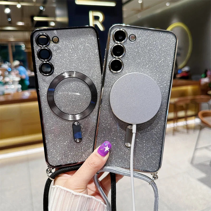 **Coque Crossbody Pailletée – Galaxy S21 à S25 Edge** ✨📱