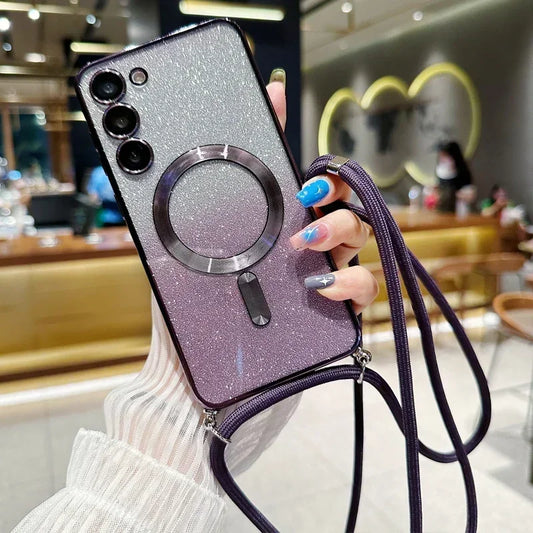 **Coque Crossbody Pailletée – Galaxy S21 à S25 Edge** ✨📱