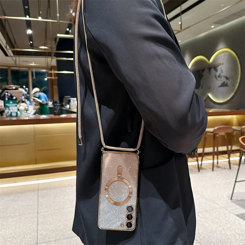 **Coque Crossbody Pailletée – Galaxy S21 à S25 Edge** ✨📱