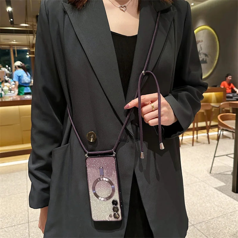 **Coque Crossbody Pailletée – Galaxy S21 à S25 Edge** ✨📱