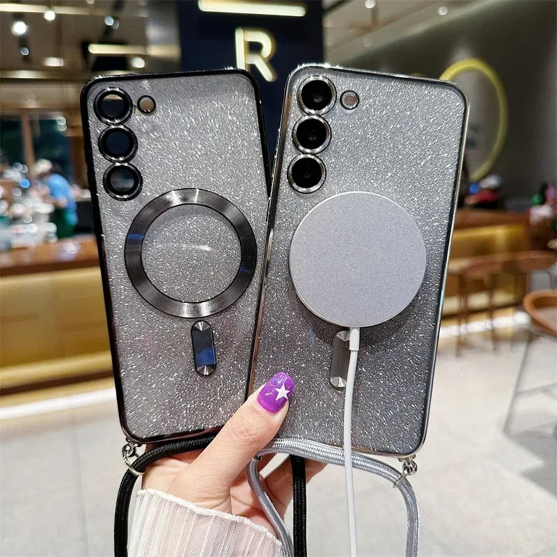 **Coque Crossbody Pailletée – Galaxy S21 à S25 Edge** ✨📱