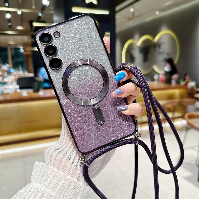 **Coque Crossbody Pailletée – Galaxy S21 à S25 Edge** ✨📱